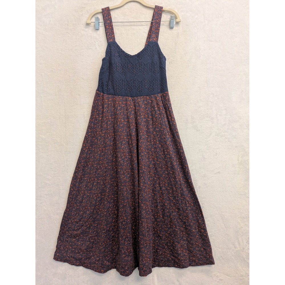 DOWNEAST Dress XS Navy Blue Brown Floral Maxi Sleeveless Cottagecore